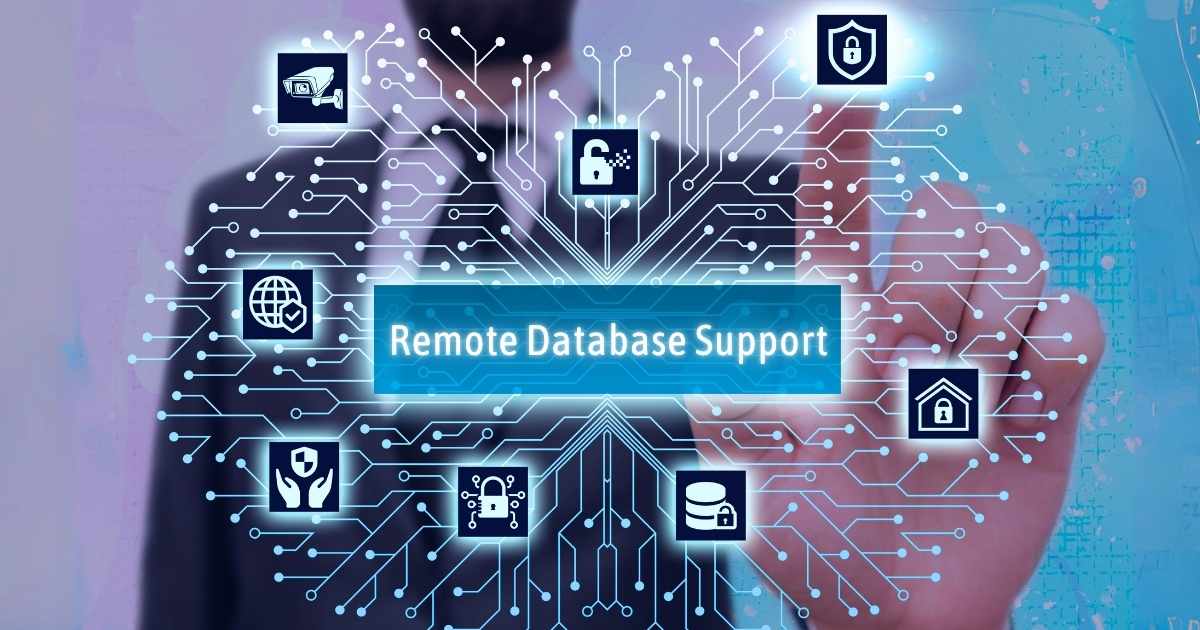 1 person clicking an icon and text saying "Remote Database Support"